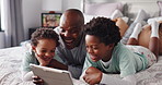 Black family, dad and tablet with children in bed for entertainment or online subscription in home. Happy father, kids or siblings laughing with technology for movie, funny show or humor in bedroom