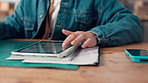 Ecommerce, hands and man with tablet, typing and online checklist for inventory. Closeup, entrepreneur and person in office, tech or internet with distribution, logistics or company website for sales