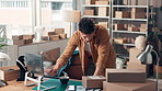 Man, logistics or laptop with boxes for stock control, inventory checklist or pricing. Male person, distributor or computer with packages for shipping order, supply chain or tracking in online store