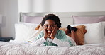 Face, boy and smile with black child in bedroom for relax, comfort and peace in morning in house. Portrait, bed and African kid in home for rest, funny and weekend break with happiness in Kenya
