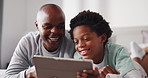 Black family, dad and tablet with kid in bed for entertainment or online subscription in home. Happy father, son and laughing with technology for morning, funny games or humor together in bedroom