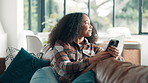Thinking, phone and woman on sofa with networking, communication or social media on mobile app. Relax, contact and female person with cellphone for texting in living room at apartment on weekend.