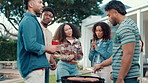 BBQ, conversation and sausage with friends in backyard of home together for social gathering. Bonding, cookout and talking with group of people outdoor in garden for celebration, event or visit