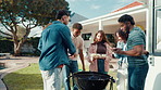 BBQ, friends and hug in backyard for food, party and bonding for holiday celebration. Conversation, smile and people outdoor for reunion event, memory and vacation for barbecue or hangout together