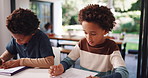 African boy, counting and writing homework with learning, brother and education for development at house. Children, books and paper with thinking, problem solving and scholarship at family home