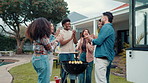 Hands together, applause and barbecue with friends for celebration, summer vacation or bonding. Conversation, party and food with group of people in backyard for social event, reunion or bbq together