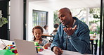 Man, laptop and video call with boy for remote work from home, multitasking and happy for toys. African dad, child and distraction with blocks, review or talk for freelance consulting at family house