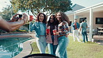 BBQ, friends and smile for party, picture and drinks on New Year celebration in backyard. Camera, hug and people outdoor for reunion event, group and vacation memory for barbecue or hangout together