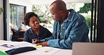 Help, father and education with child for homework, talk and study in homeschool. Kid, parent and learning with book for teaching African student, development and happy family in home with knowledge