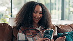 Credit card, phone and woman on sofa with online shopping on mobile app in home on weekend. Happy, debit and female person with cellphone for buying products in living room at apartment in morning.