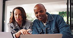 Happy couple, finance paperwork and laptop in home for review for budget, bills or credit score on web. African man, woman and admin with computer for asset management, mortgage or documents at house