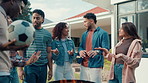 BBQ, conversation and soccer ball with friends in backyard of home together for social gathering. Bonding, chatting and cookout with group of people outdoor in garden for celebration, event or visit