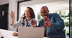 Couple, interior design and laptop in home, talk and discussion for planning, insight or renovation. African man, woman and point for furniture shopping, decision or property expansion on pc at house