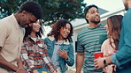 People, friends and laugh at barbecue, party and funny conversation for cooking, drinks and happy in garden. Men, women and group with smile for chat, bbq or reunion at social gathering in summer