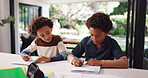 Boys, children and writing for education at house for studying, learning and copying answer. Black family, kids and book for school homework, information and lesson notes for homeschooling assignment