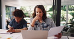 Business, laptop or learning with mother and son in apartment for homework or remote work anxiety. Documents, freelance and stress with boy student and single parent woman biting nails in home