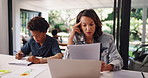 Business, education or laptop with mother and son in apartment for homework or remote work stress. Anxiety, documents and freelance with boy student and single parent woman in home for learning