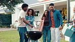 Friends, happy new year and party with barbecue for reunion, hug or outdoor with fire in garden at house. People, excited group and embrace with men, women and smile on vacation with bbq in backyard