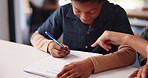 Homework, writing and boy with mother, help and creativity with smile, bonding together and learning. African family, apartment and mama with kid, child development and education with knowledge