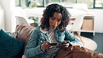 Home, credit card and woman on sofa, smartphone and ecommerce with online shopping. Apartment, fintech account and person on couch, transactions and web finance with payment, sales and discount deal