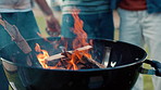 Hands, friends and wood for fire, bbq and reunion in backyard at party, bonding and social event. Group, barbecue and people with flames, outdoor and heat for cooking together on vacation in summer