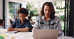 Laptop, learning or remote work with mother and son in home together for business or homework. Computer, education or working with boy student and single parent woman in apartment for freelance job
