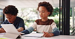 African boys, learning and tablet at house for elearning, tutorial video and writing for homework. Children, siblings and digital for education, online lesson and studying information for development
