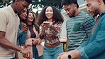 Woman, phone and friends at barbecue with photo, happy and party with post on web in backyard. Girl, men and group with smartphone, recording video or excited for social gathering with bbq in garden