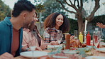 Friends, event and laughing at lunch outdoor for funny conversation, bonding and social gathering. Thanksgiving celebration, people and happy with eating for holiday reunion and weekend break