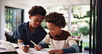 Children, writing and tablet for education at house for studying, learning and help brother. Black family, kids and digital for online video, information and lesson notes for homeschooling assignment