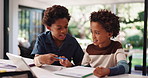 Children, explain and tablet for education at house for studying, learning and help brother. Black family, kids and digital for online video, information and lesson notes for homeschooling assignment