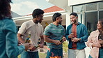 Friends, barbecue and beer outdoors for reunion, funny story and joke with laugh. Fire, drinks and conversation in garden for social gathering, holiday or new year party or vacation cookout together