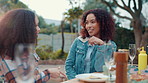 Lunch, gossip and barbecue with friends for celebration, summer vacation or bonding. Conversation, party and food with group of people on patio of home for social event, reunion and bbq together