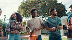 Friends, barbecue and drinks outdoors for reunion, funny story and joke with laugh. Fire, beer and conversation in garden for social gathering, holiday or weekend break with vacation cookout together