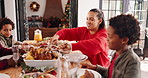 Happy family, christmas and children with food at dining table for festive feast, meal or lunch. Parents, kids and eating with chicken for gathering celebration, december holiday or reunion in home