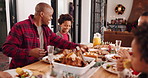Happy family, christmas and dining with food at table for festive feast, meal or lunch together. Parents, children and eating with kids for gathering celebration, december holiday or reunion in home