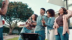 Friends, barbecue and photo with smile, party and cooking in garden for new year celebration. People, group and happy with food, fire or profile picture for post on social media at bbq in backyard
