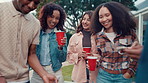 Friends, barbecue and drinks for reunion, funny story and joke with laugh. People, food and group in garden for social gathering, holiday or outdoor weekend break with vacation cookout together
