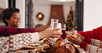 Hands, family and cheers for Christmas, home or celebration for festive season, dinner and December. House, drinks and people with toast for holiday, xmas and together for meal, bonding or feast