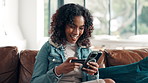 Home, credit card and woman on sofa, cellphone and ecommerce with transactions. Password, fintech account and person on couch, purchase and web finance with payment, online shopping and discount deal