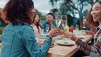 Wine, toast and barbecue with friends for celebration, summer vacation or bonding. Conversation, party and drinks with group of people in home backyard for social event, reunion and bbq together