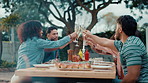 Bbq, toast and people with smile, cheers and bonding together with reunion, excited and food. Outdoor, barbecue and group with alcohol, champagne and social gathering with holiday and weekend break