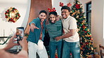 Christmas, hug and photograph with men in living room of home together for celebration or memories. Festive, profile picture and social media with best friends embracing in apartment for holidays