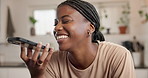 Phone, smile and voice note with black woman in kitchen of home for conversation or message. Communication, mobile and recording with African person in apartment for contact, speaking or update