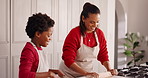 Baking, teaching and mother with child in kitchen for bonding with preparing pastry for cookies. Happy, learning and mom with boy kid for cooking food together with development in family home.