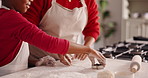 Baking, hands and mother with child in kitchen for bonding with pastry for cookies in home. Happy, learning and mom with boy kid for preparing dough for biscuits together with development in house