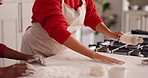 Baking, teaching and hands of mother with child in kitchen for bonding with preparing pastry for cookies. Recipe, learning and mom with kid for cooking food together with development in family home.