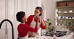Mother, baking and child with high five in kitchen for learning, prepare pastry and well done. Woman, teaching and kid helping for support, recipe success and celebration for handmade cookies in home