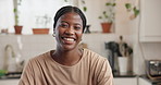 Face, black woman and relax with smile in kitchen for calm morning, peace and weekend break. Portrait, female person and laughing of stress free, homeowner chilling and good mood for time off in home