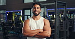 Smile, sports and face of man in gym with workout, training or challenge with confidence. Happy, wellness and portrait of athlete from Mexico with pride for exercise with health in fitness center.